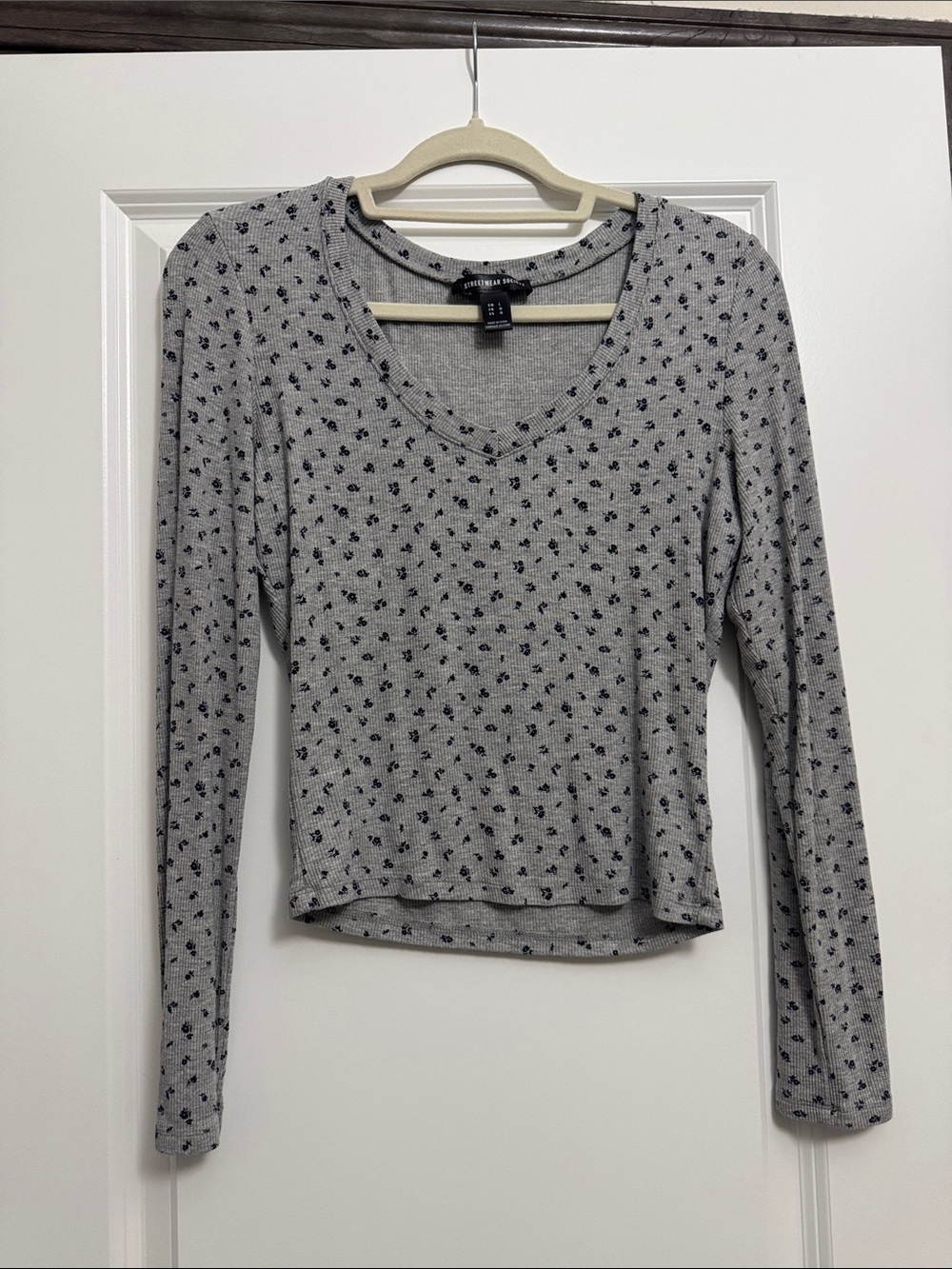 Streetwear Society Gray Long-Sleeve V-Neck Tee with Navy Micro Floral